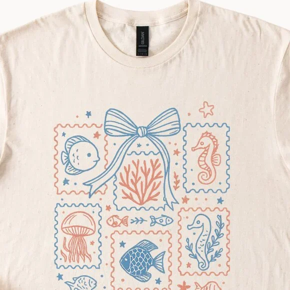 Ocean Life Stamp T Shirt Marine Animals Tee Fish Seahorse Jellyfish Design - Picture 2 of 6